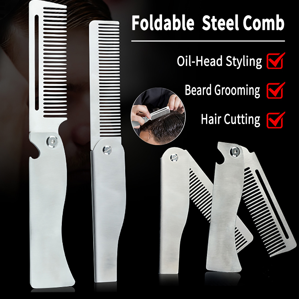 Men'S Grooming Hair - 新型1/2個入り携帯用スチールコーム折りたたみ式ポケット髭コーム男性用オイルヘッドヘアスタイリングコームサロン理髪ツールヘアカット用